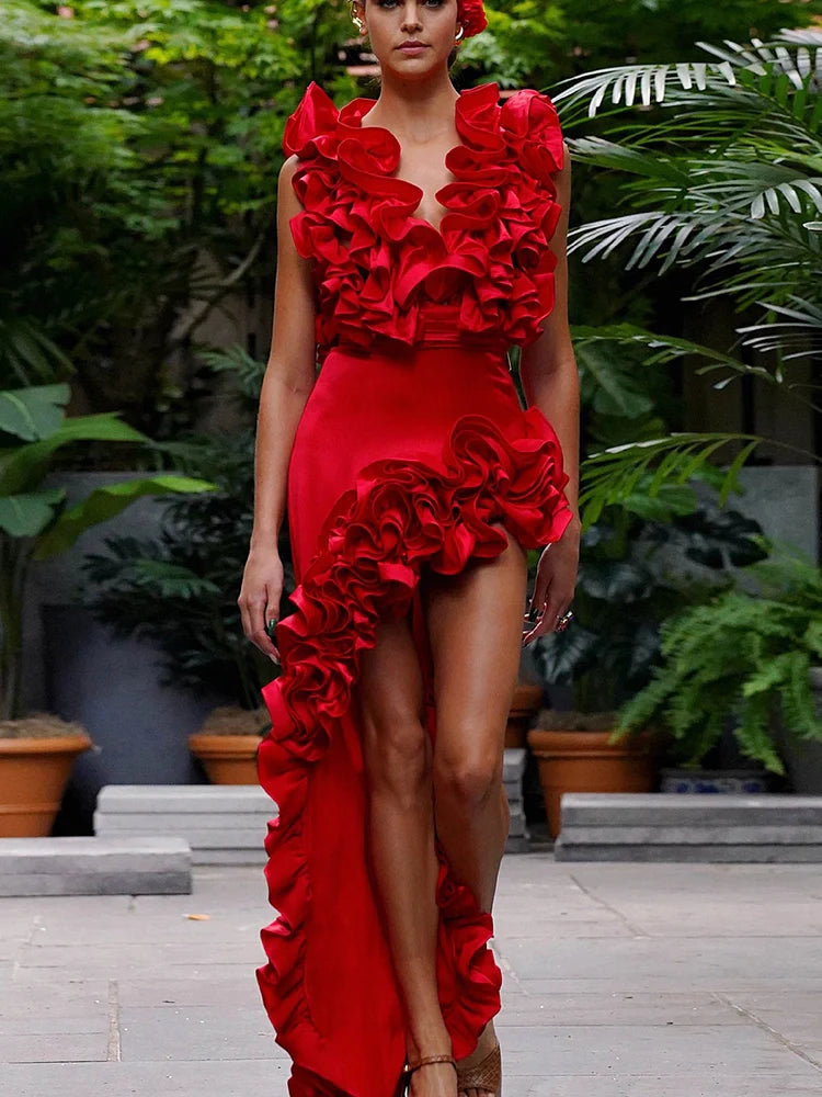 Ruffled V-Neck Red Asymmetrical Swimsuit Set