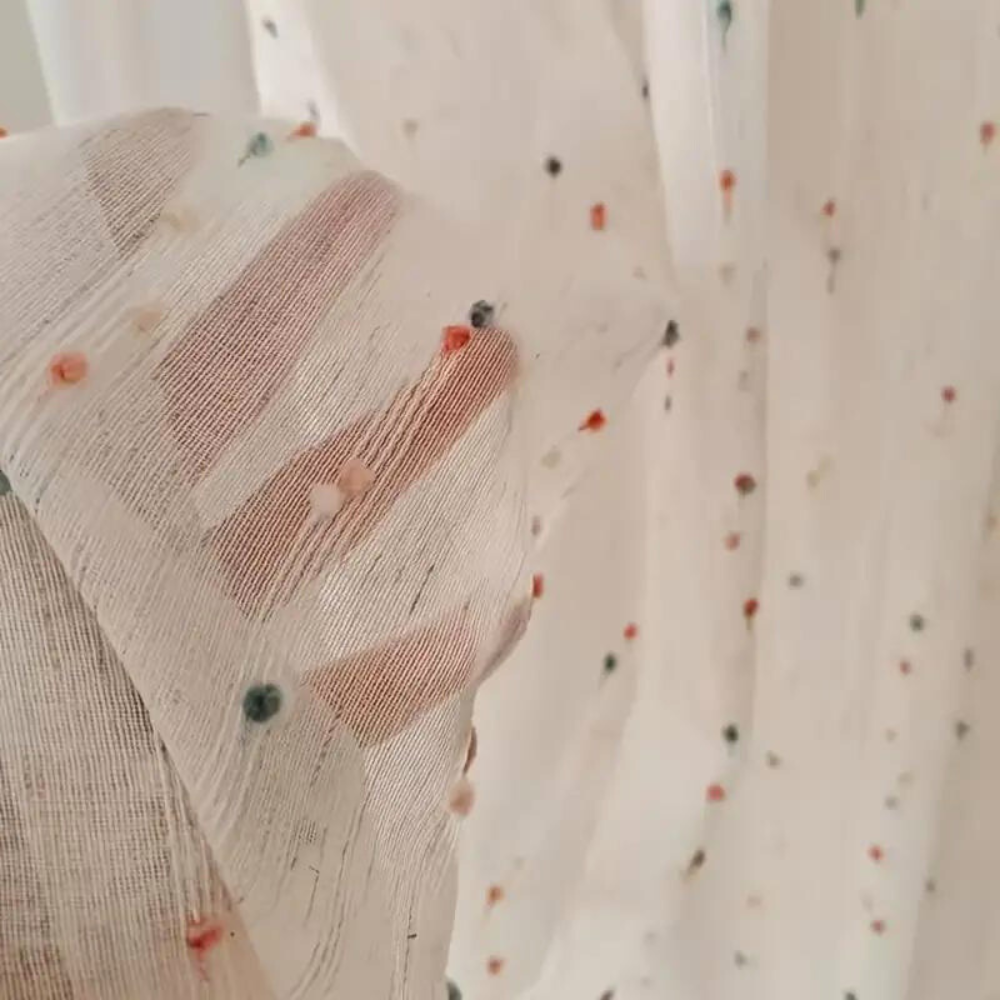 Sheer white curtain with small floral print, lightweight decorative window drape for living room or bedroom"