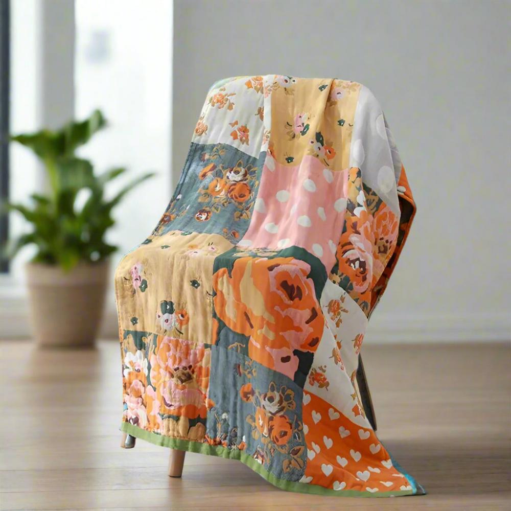 Colorful patchwork throw blanket with floral, polka dot, and heart patterns, soft decorative sofa and bed cover