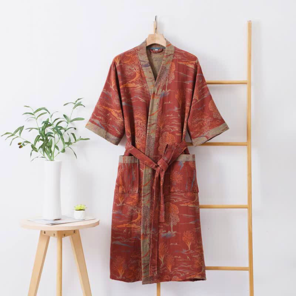 Japanese-style cotton kimono robe with nature print, short sleeves, front pockets, and waist belt for loungewear or sleepwear