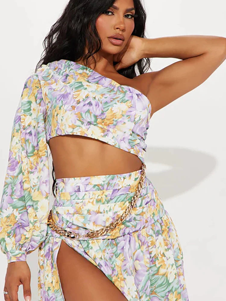 One Shoulder Cutout Floral Swimsuit Set