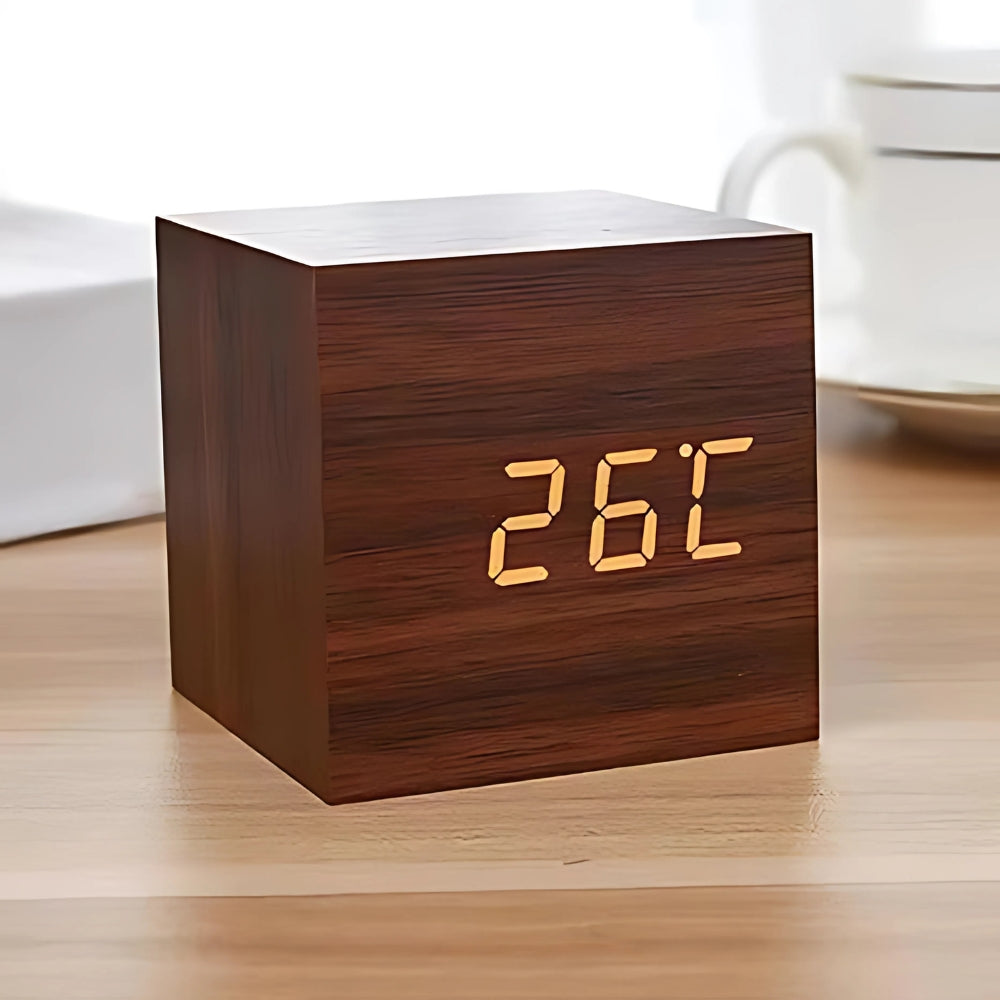Wooden digital alarm clock with LED temperature display, modern cube desk clock for home or office