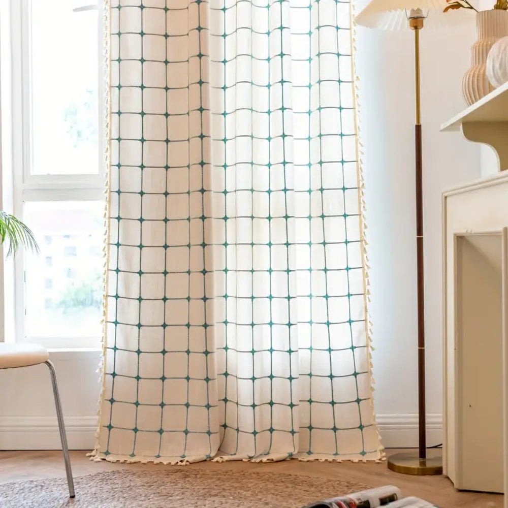 Turquoise Lattice Boho Tassel Curtain