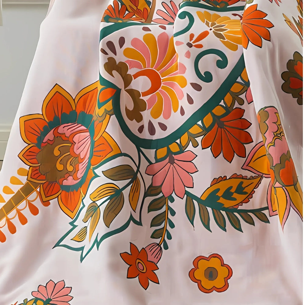 Floral throw blanket with pink background and colorful bohemian flower design, soft decorative sofa and bed cover