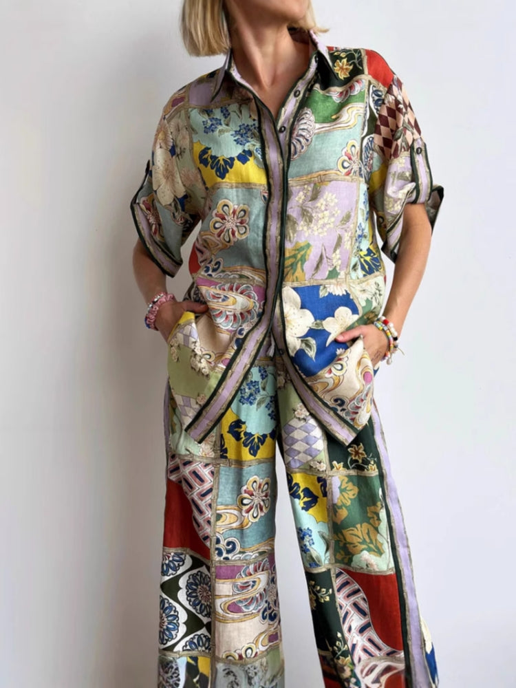 Casual Color-Block Shirt and Pants Set