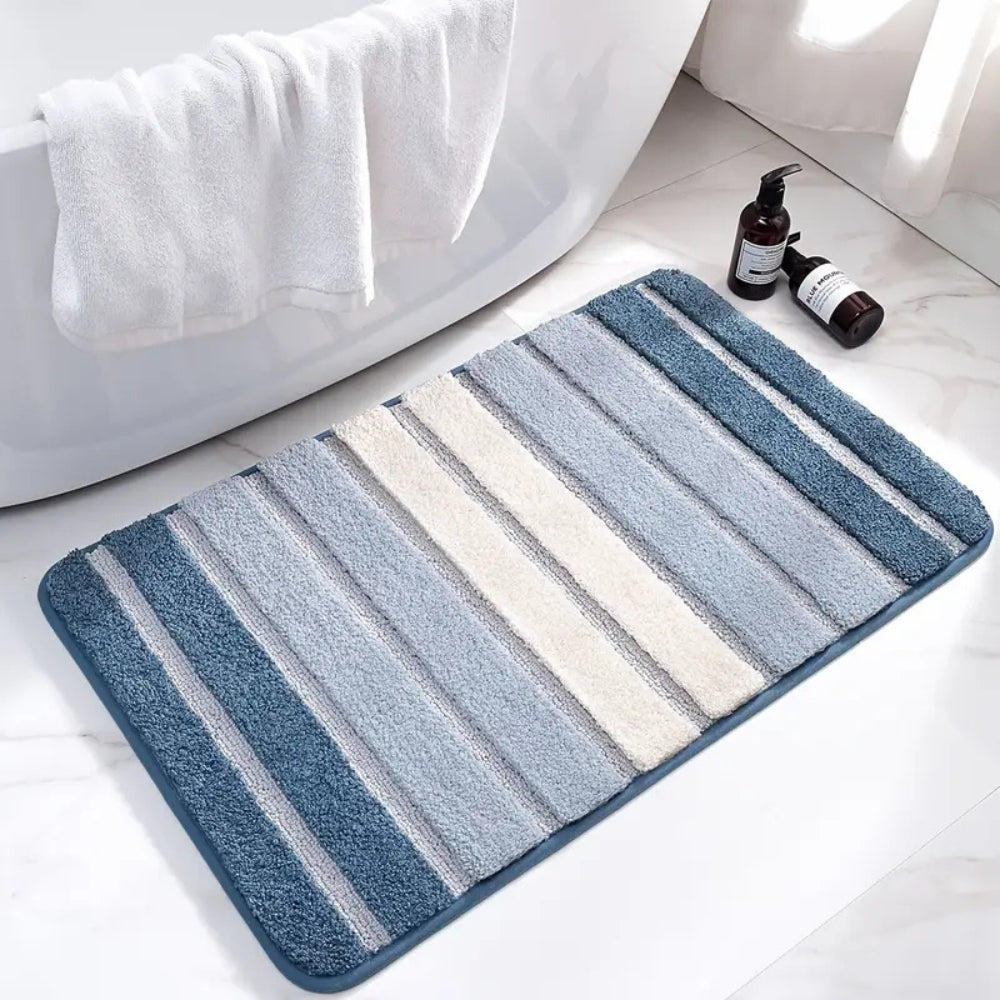 Soft striped gray bath mat with non-slip backing, absorbent plush bathroom rug for shower and tub area
