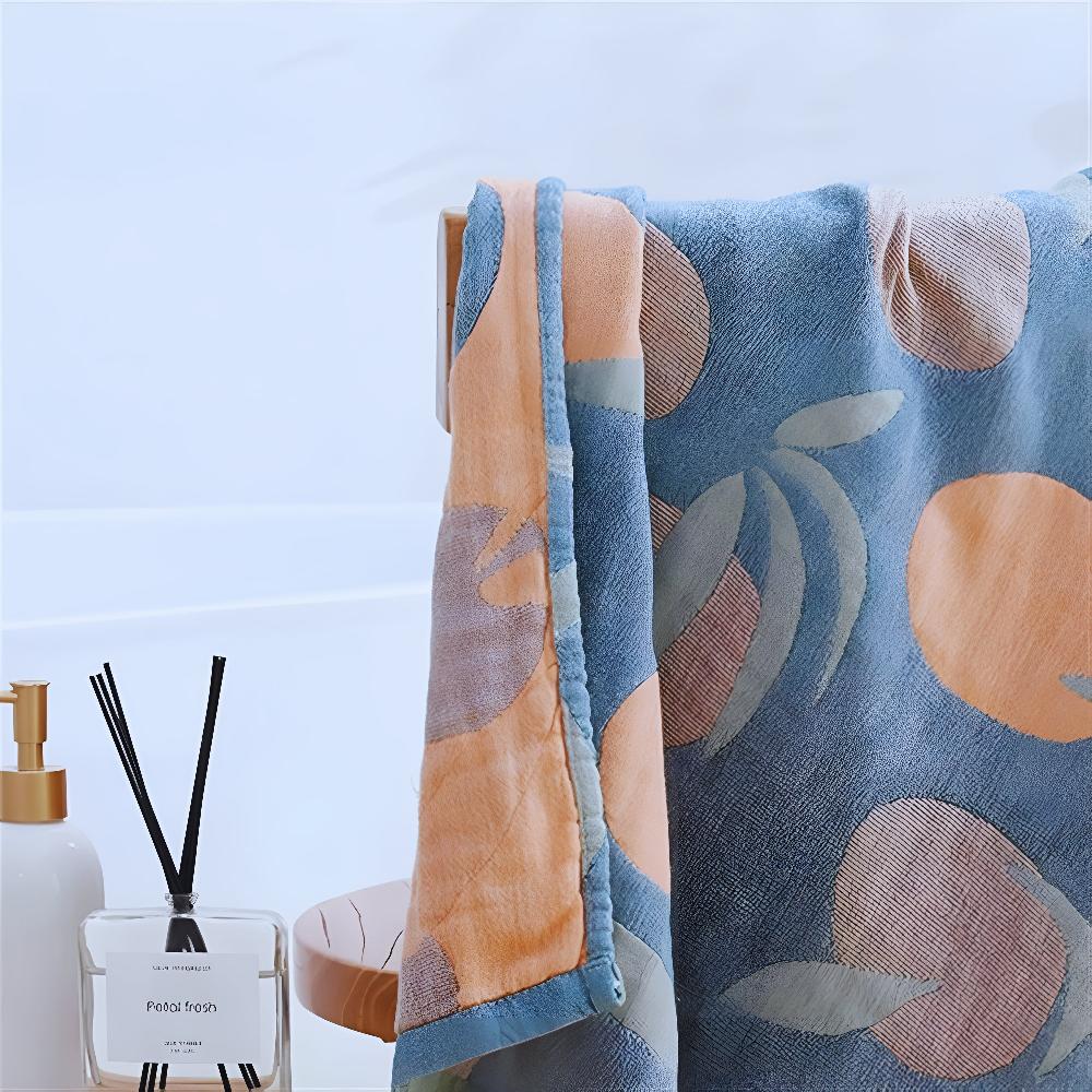 Blue throw blanket with orange fruit and leaf pattern, lightweight cotton decorative sofa and bed cover