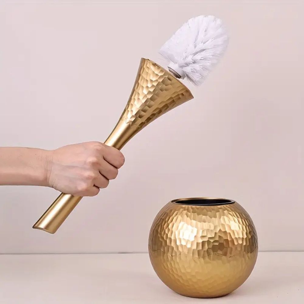Gold hammered toilet brush with matching holder, luxury bathroom cleaning set with modern metallic design