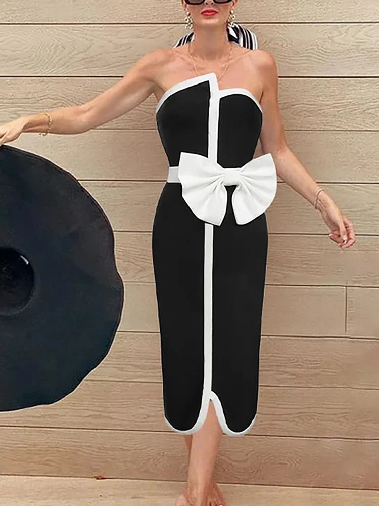 Strapless Colorblock Bow One-Piece Swimsuit