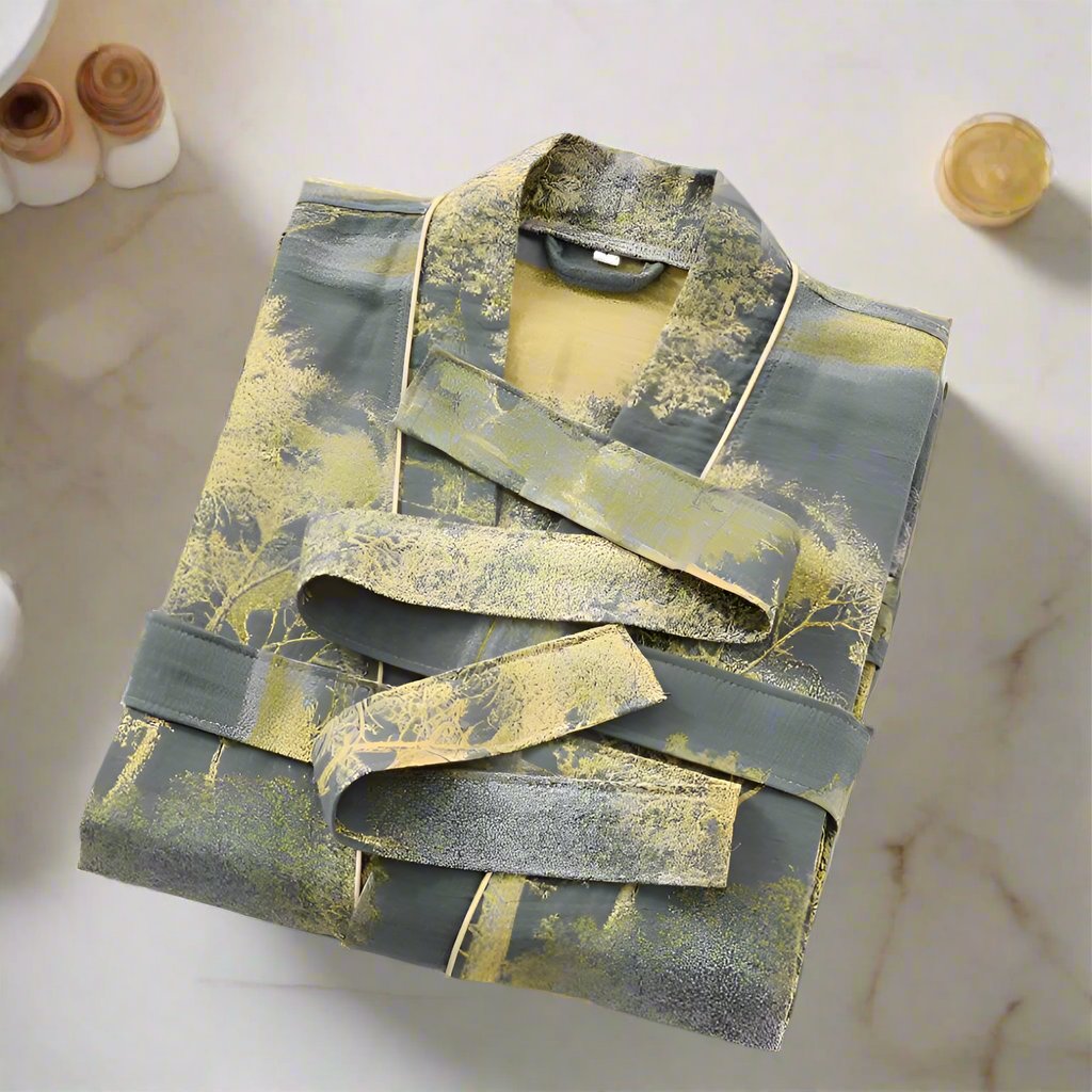 Long women’s robe in gray with yellow nature print, tie belt, and pockets