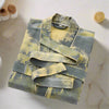 Long women’s robe in gray with yellow nature print, tie belt, and pockets