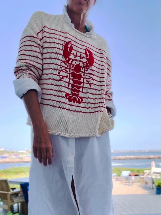Cream & Red Striped Lobster Graphic Sweater