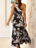 Pleated One-Shoulder Cut-Out Waist Floral Gown