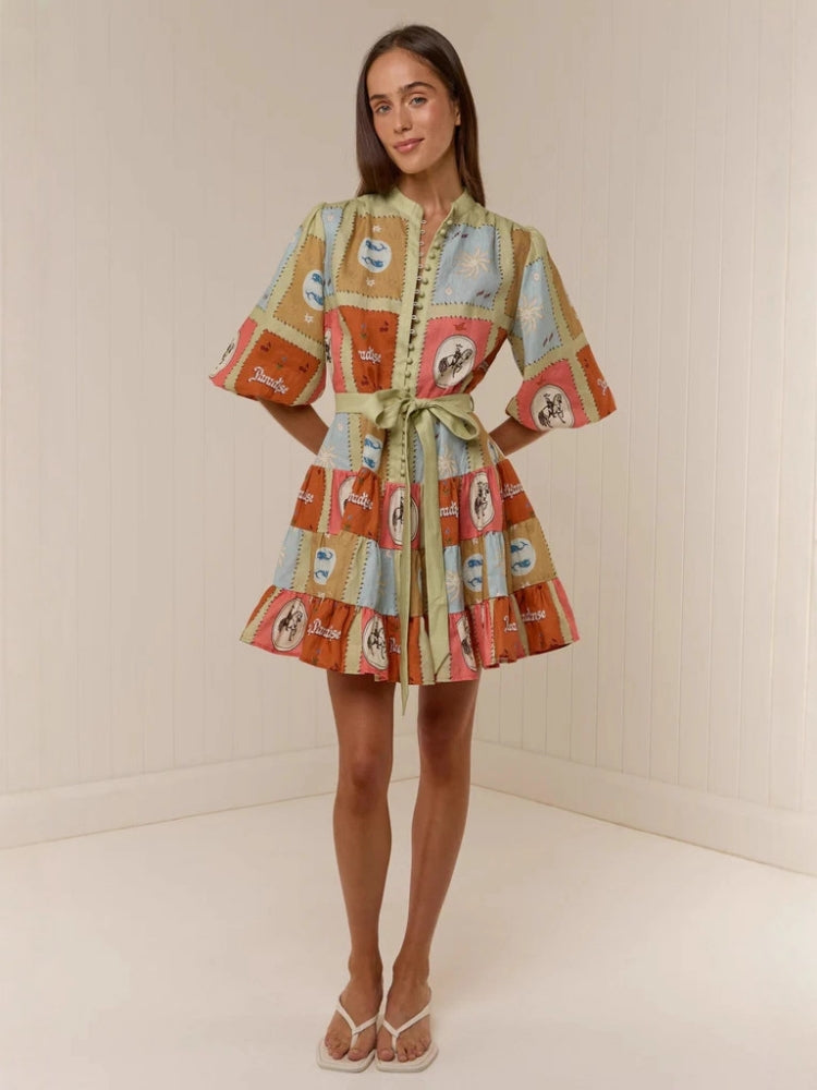 Shirt Collar Linen Short Dress