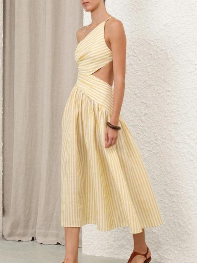 Cascadian Cutout Ruched Striped Midi Dress
