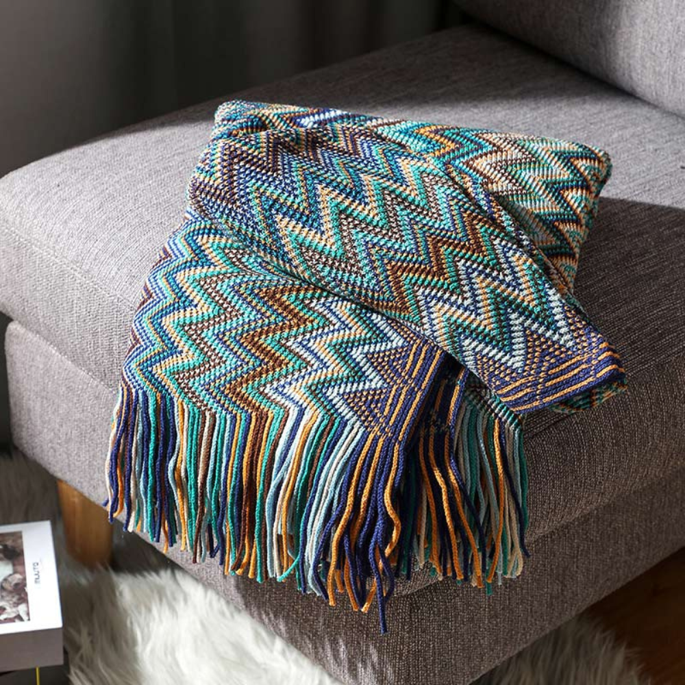 Multicolor Zigzag Tasseled Knit Throw