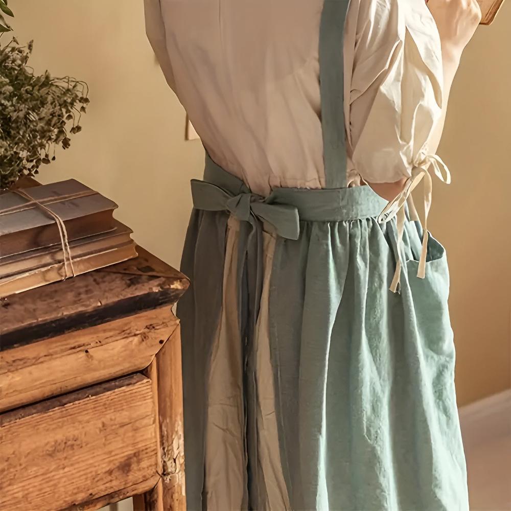 Vintage linen apron in dusty blue with ruffle hem and waist tie, cottagecore cooking and gardening apron for women
