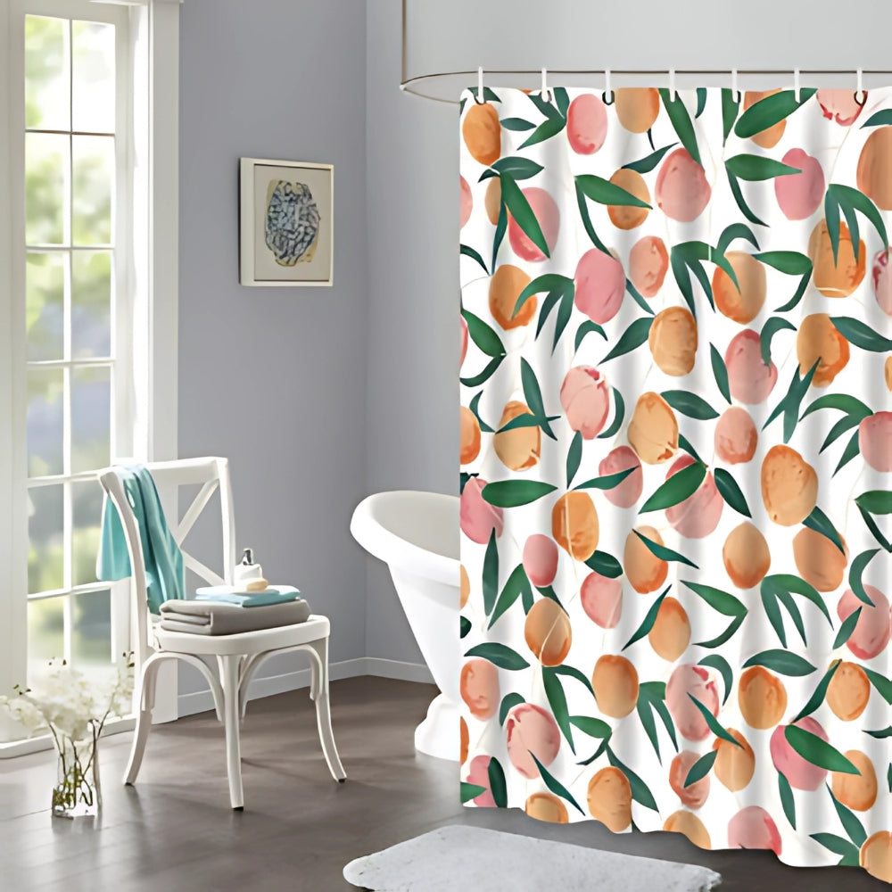 Colorful peach pattern shower curtain with green leaves on white background, waterproof bathroom decor