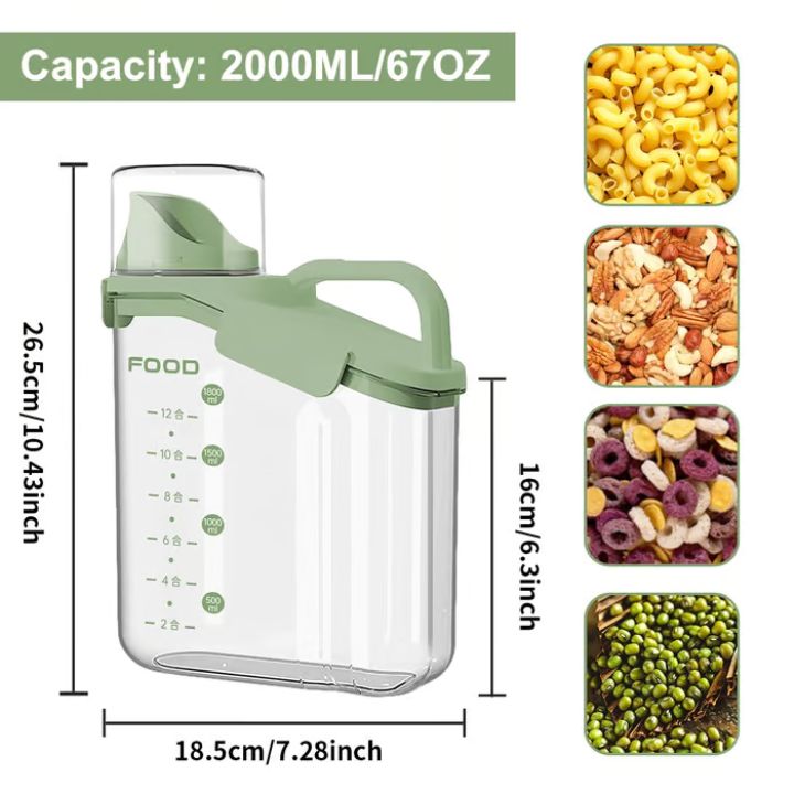 Airtight plastic food storage containers with measuring cup lid, kitchen canisters for rice, grains, beans, and cereals