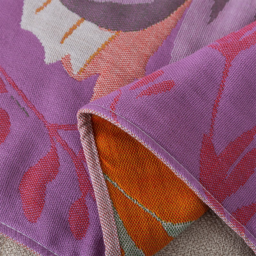 Purple floral throw blanket with colorful flower pattern, lightweight decorative sofa and bed cover for living room