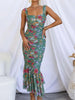Sweetheart Neck Strap Printed Pleated Mesh Maxi Dress