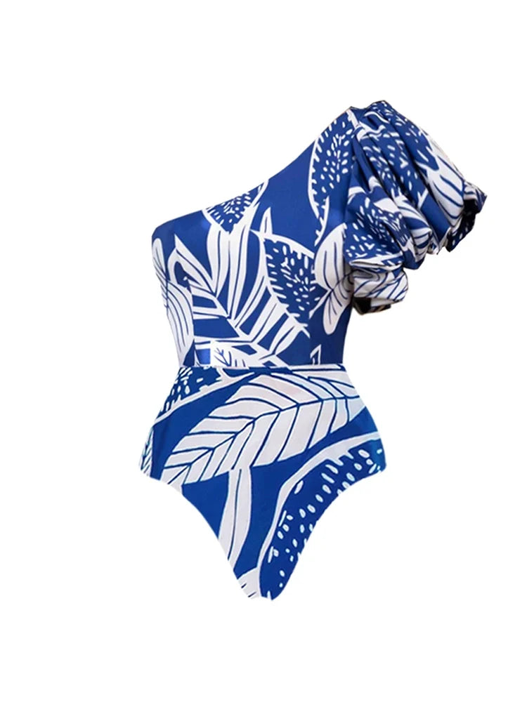 One-Shoulder Ruffle Floral Swimsuit Set