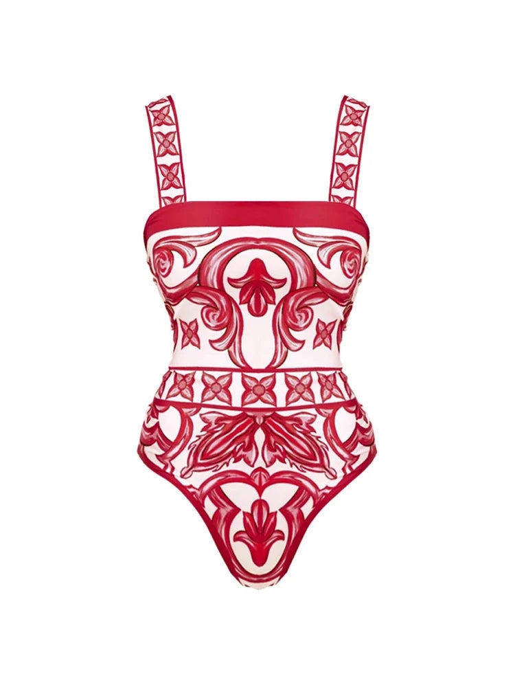 Ethnic Print One-Piece Swimsuit Set