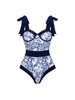 Tie Strap Contrast Print One Piece Swimsuit