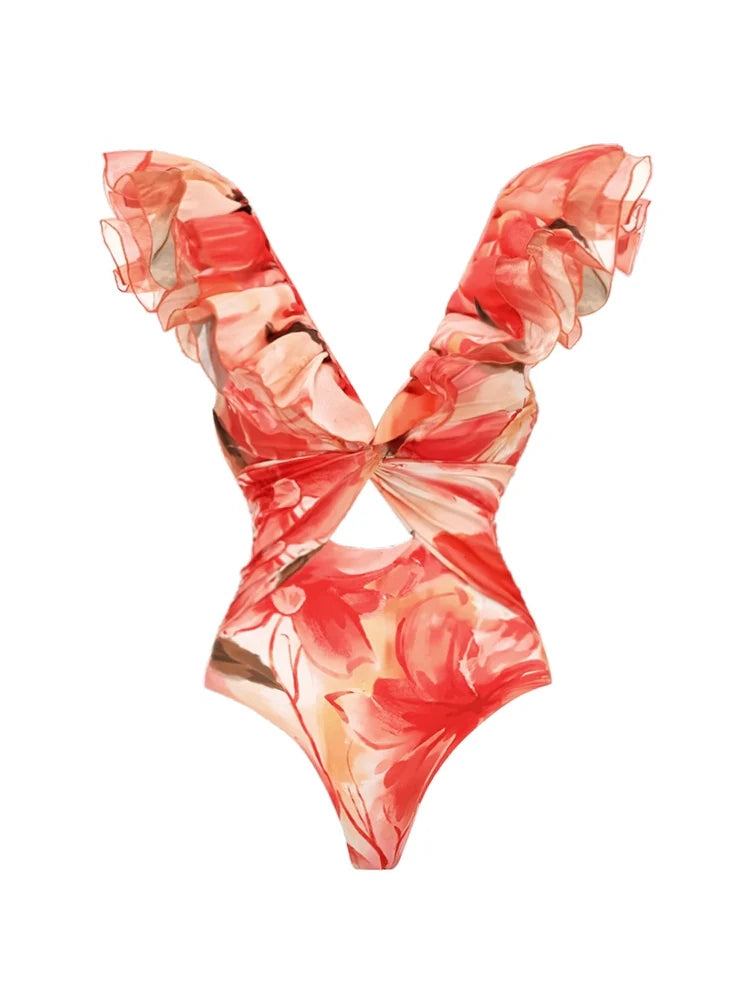 Ruffle Trim Vacation Print Swimsuit Set