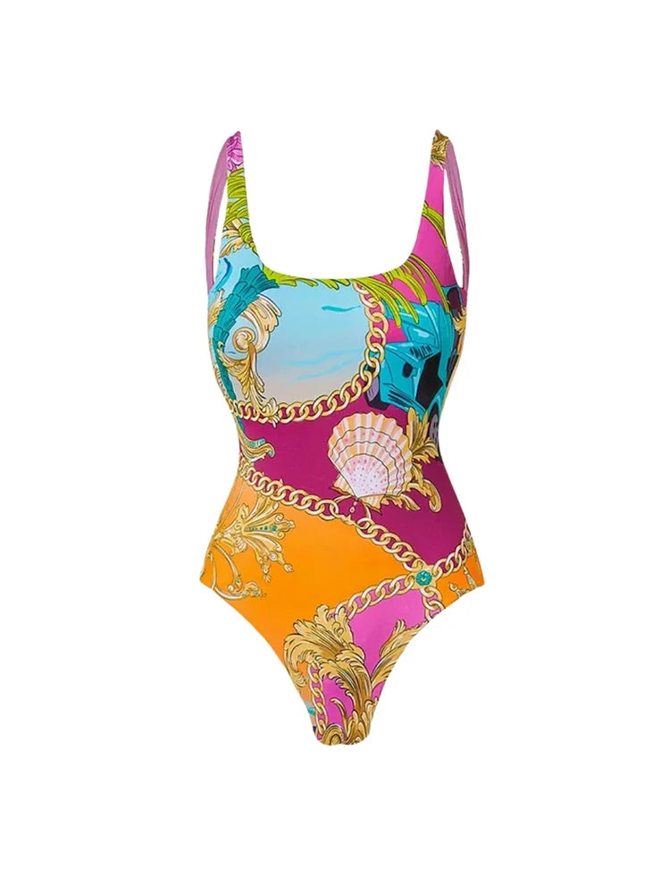 Colorblock Cartoon Print One-Piece Swimsuit