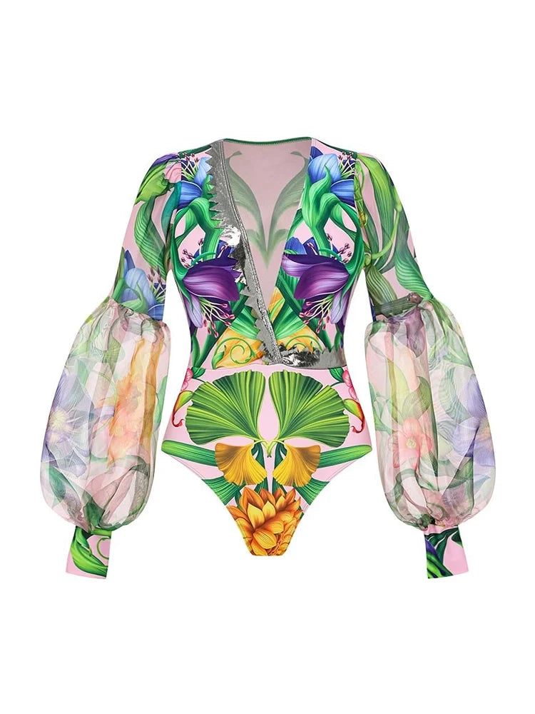 Deep V Lantern Sleeve Printed Swimsuit Set