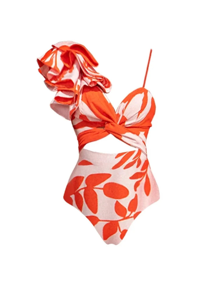 Ruffle Floral Print One-Piece Swimsuit Set