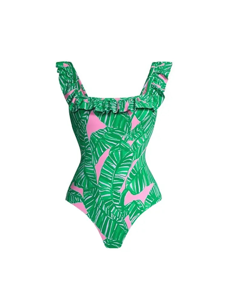 Green Ruffle Print One Piece Swimsuit