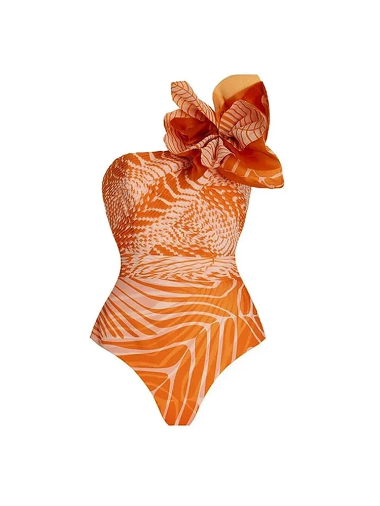 One-Shoulder Floral Salmon Print Swimsuit