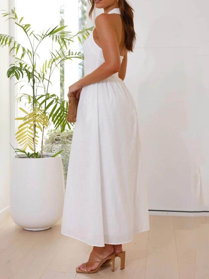 Halter Neck Waist Little Black Dress Mid Length Dress