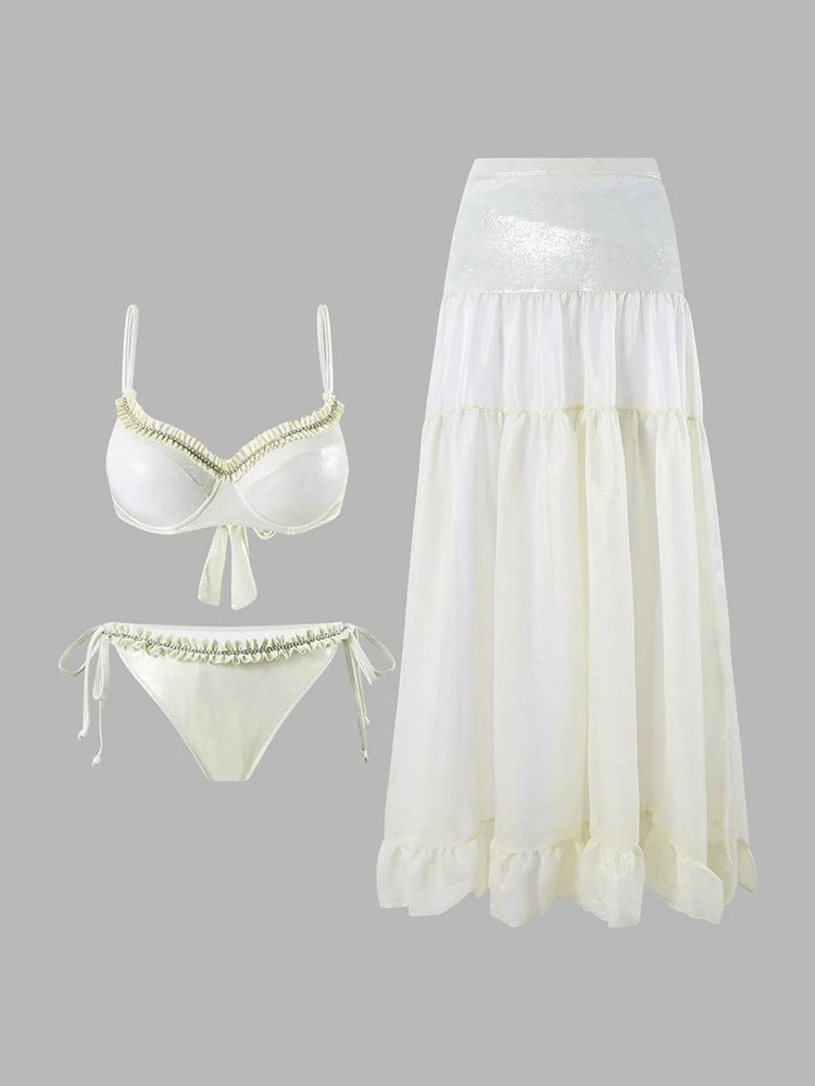 Ruched Tie-String Glossy White Bikini Set