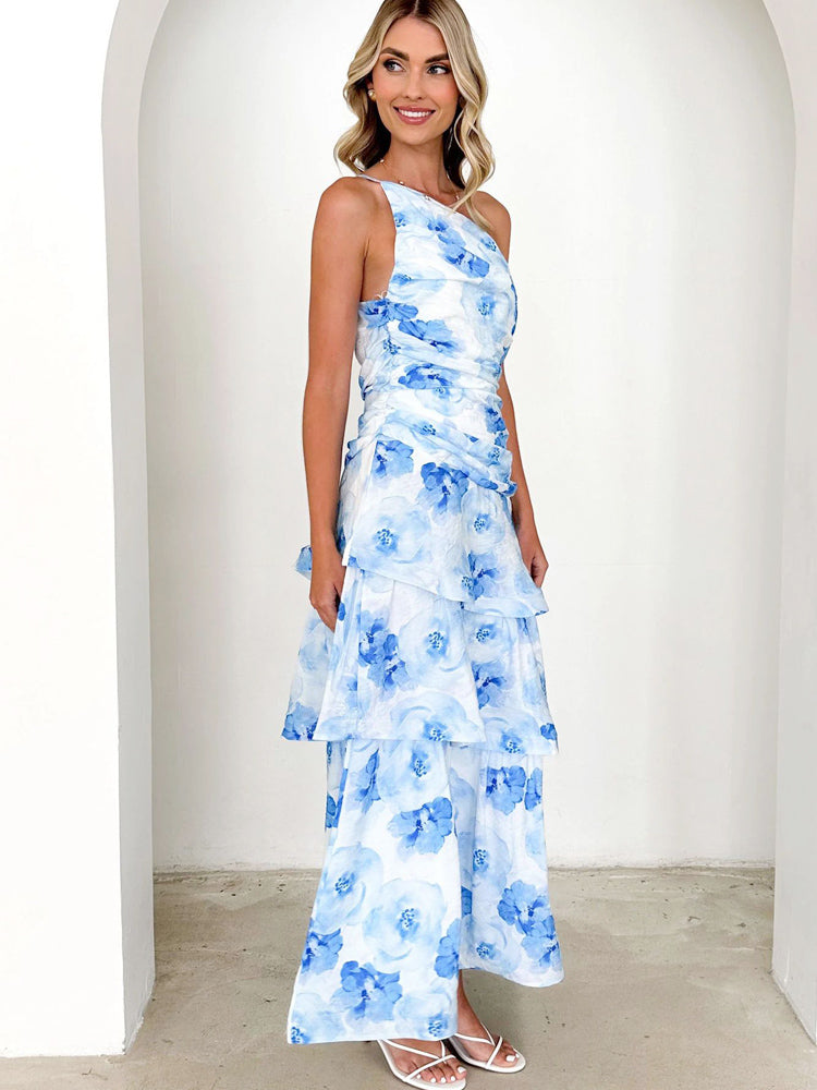 One-Shoulder Strappy Floral Print Dress