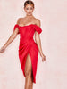 Cap Shoulder Corset Bodycon Midi Dress - Red