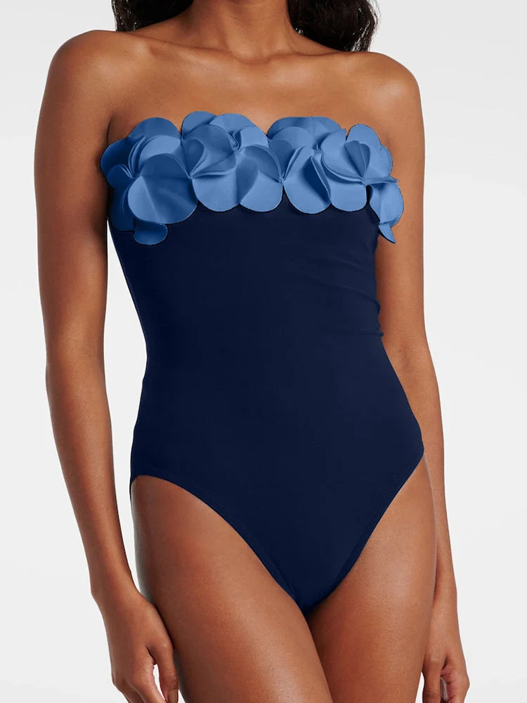 Blue 3D Floral Strapless Swimsuit
