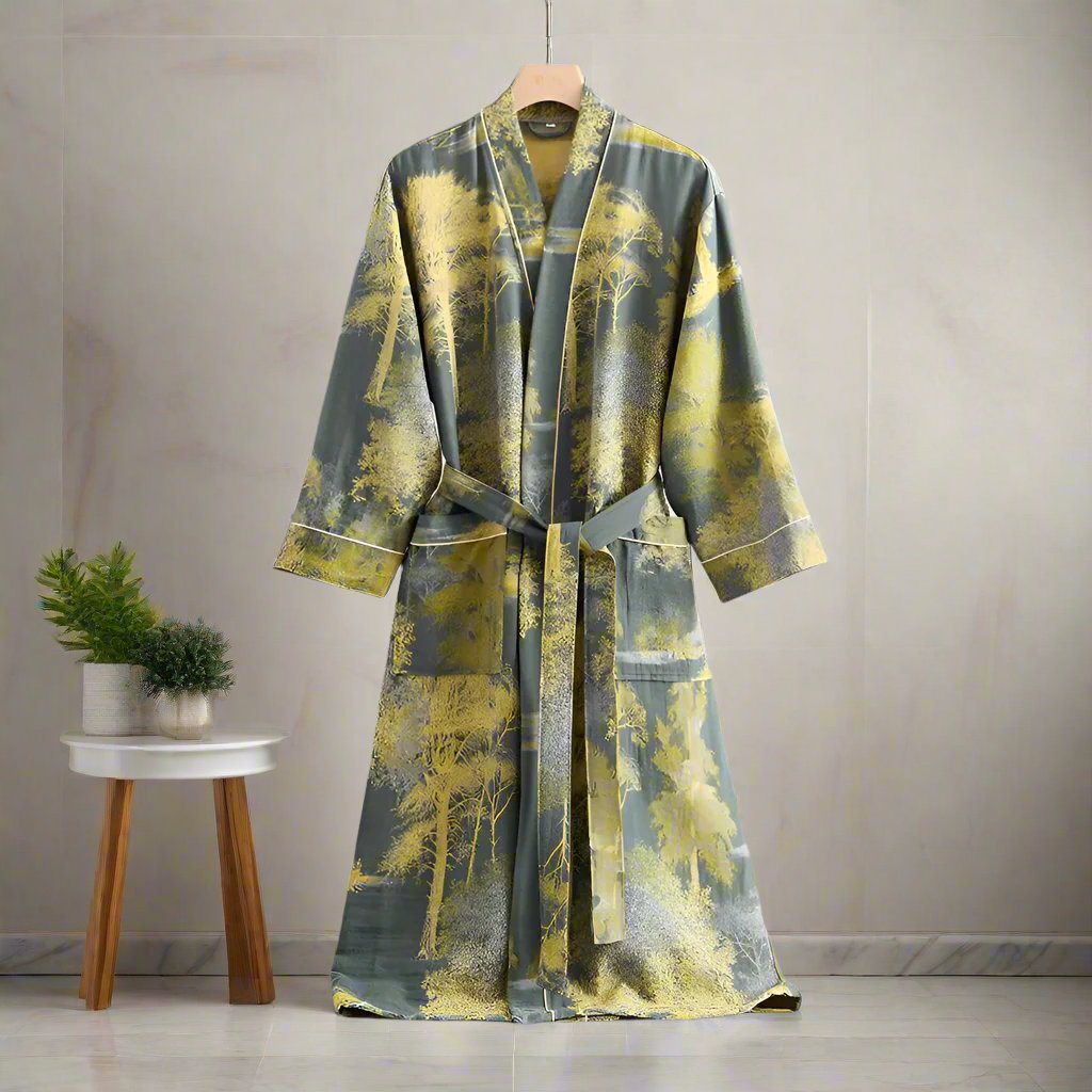 Long women’s robe in gray with yellow nature print, tie belt, and pockets