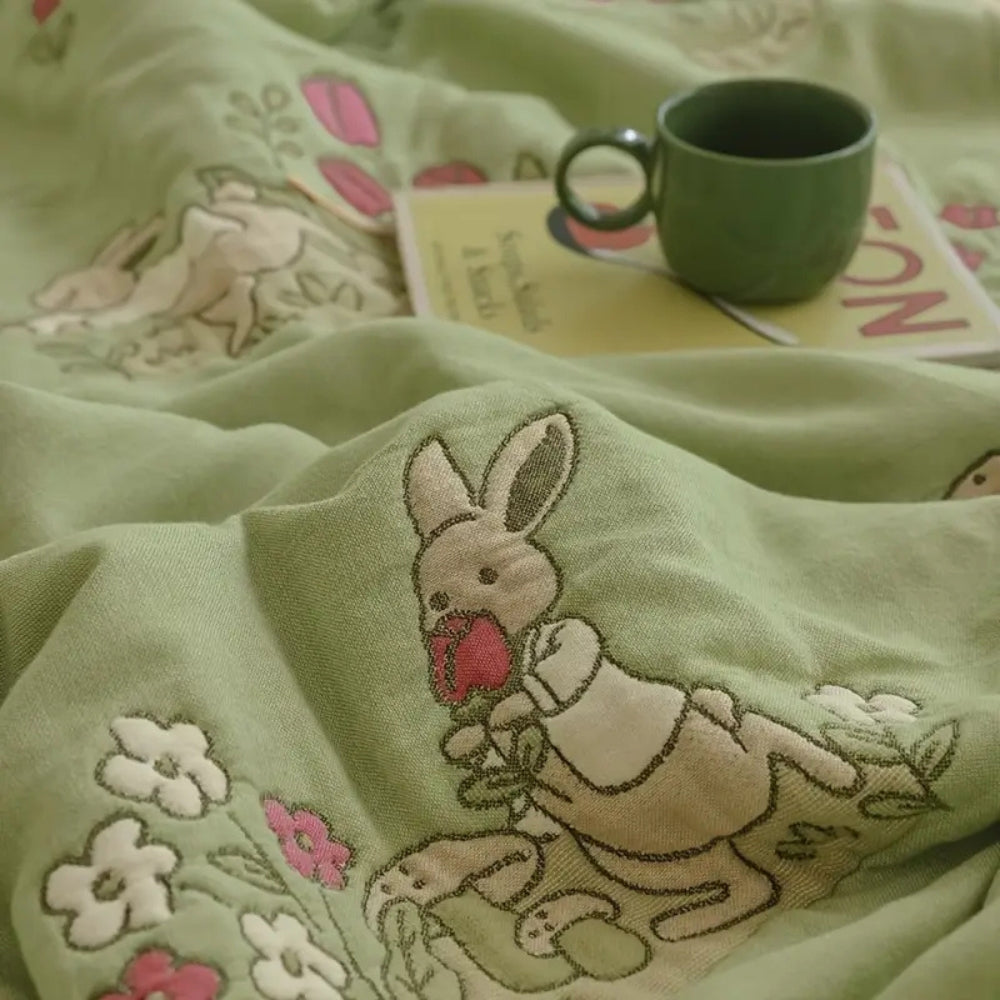Embroidered Bunny Floral Cotton Blanket
