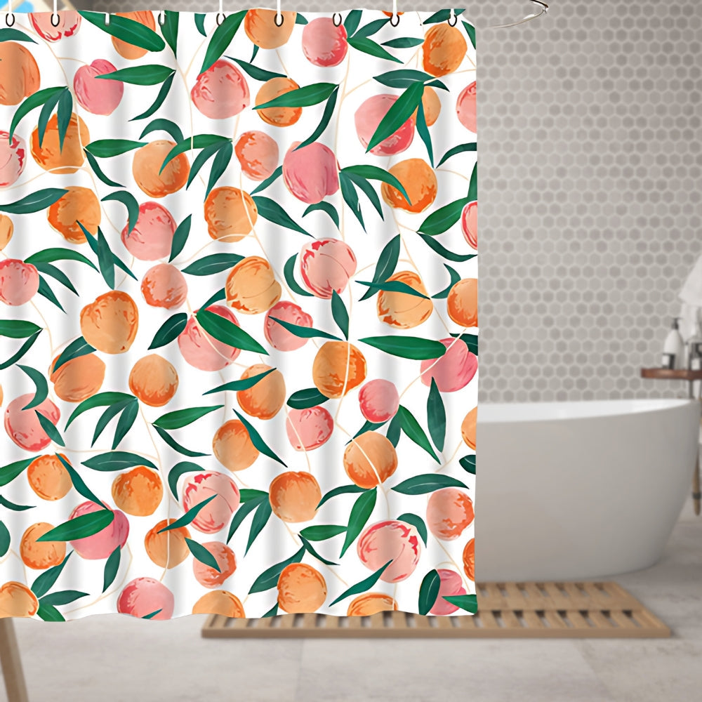Colorful peach pattern shower curtain with green leaves on white background, waterproof bathroom decor