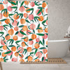 Colorful peach pattern shower curtain with green leaves on white background, waterproof bathroom decor