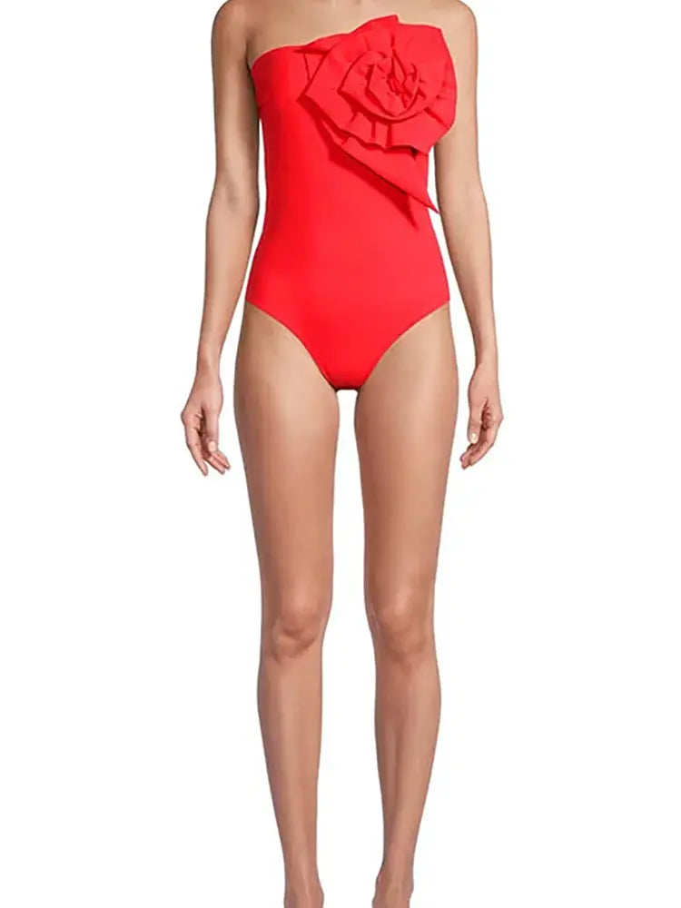 Strapless Floral Accent One-Piece Swimsuit Set