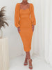 Mesh Pleated Long-Sleeve Midi Dress