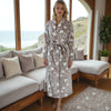 Soft fleece bathrobe with white heart print in gray, plush and cozy loungewear for women