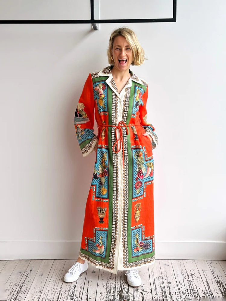 Long-Sleeve Linen Waist Dress