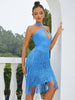 Halter Blue Fringe Bandage Dress
