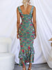 Sweetheart Neck Strap Printed Pleated Mesh Maxi Dress