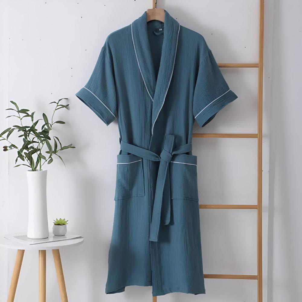 White cotton bathrobe with black piping – lightweight spa robe with belt and pockets for men and women
